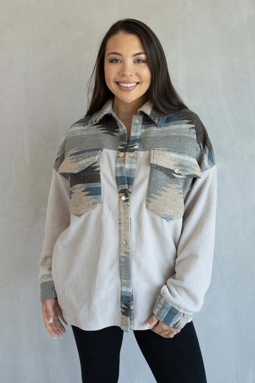 J&C Aztec Contrast Print Trim Knit Shacket w/ Front Pockets S/M